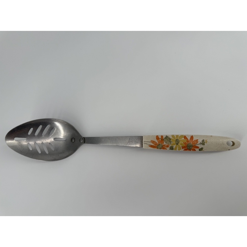 Vintage 1970s EKCO Garden Daisy Floral Stainless Slotted Serving Spoon Utensil - Picture 2 of 11
